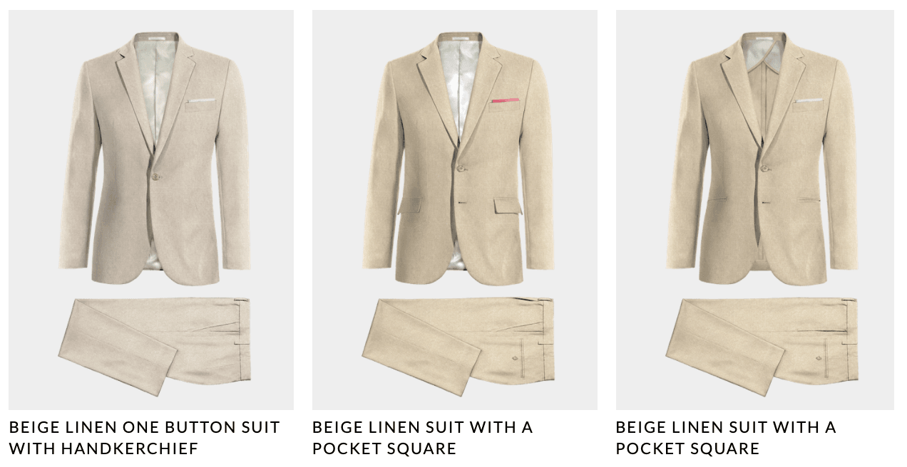 Variety of beige and tan linen suits for beach weddings